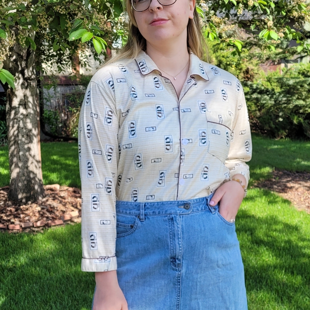Snoopy print shirt cartoon shirt with piping, retro cartoon shirt